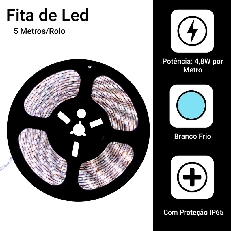 Fita de LED 5050 - 5 Metros, 300 LEDs, Branco Frio