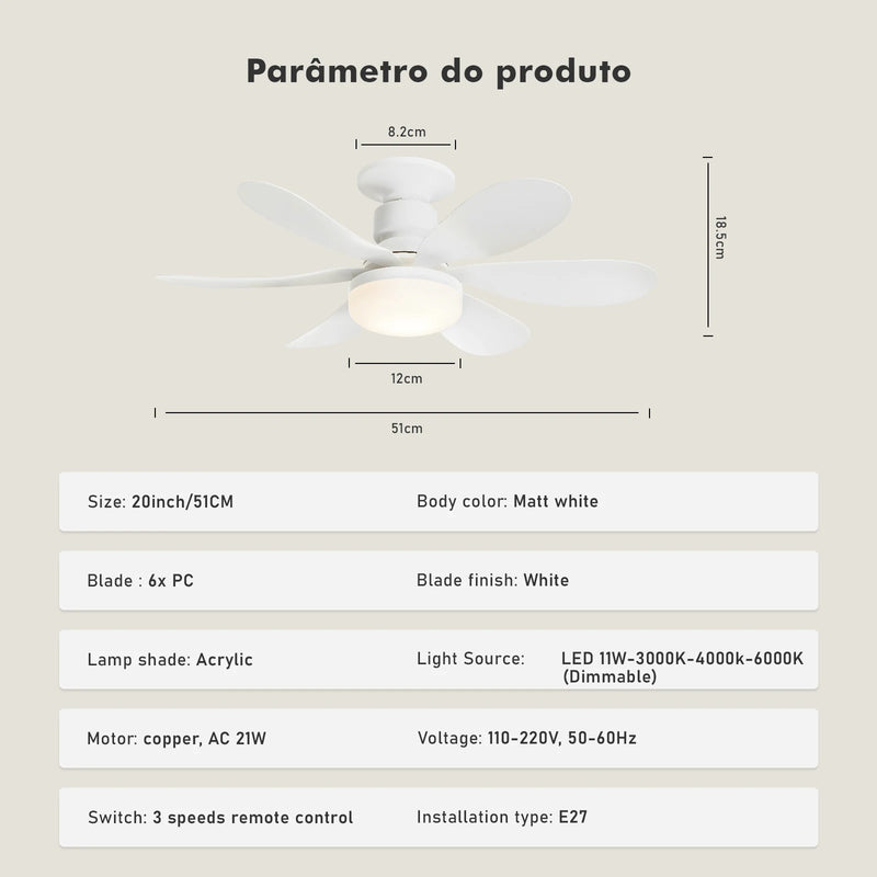 Ventilador de Teto com Controle Remoto e Luz LED